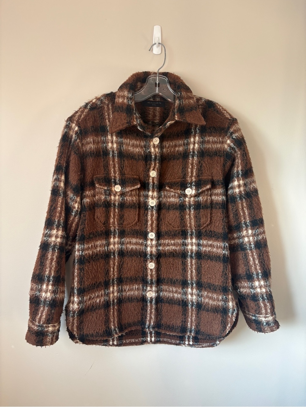 AllSaints Royodo Brown Plaid Fuzzy Textured Heavy Shirt Jacket Shacket Small S M
